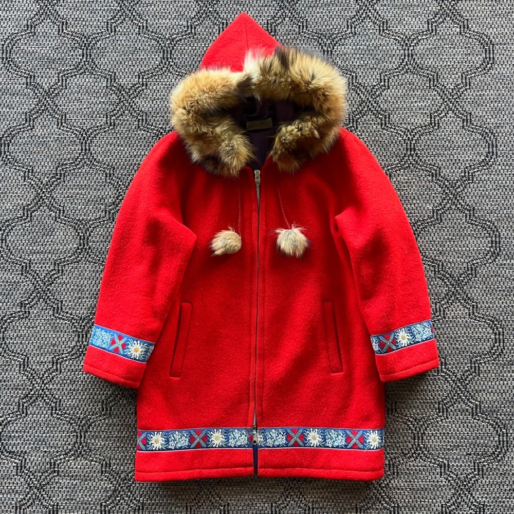 Vintage Kerr's Furs Jacket Womens Large‎ Red Wool Fur Trim Eskimo Parka 1960s